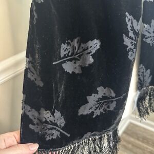Black Fringed Burnout Silk Velvet Scarf 62 X 11" Whimsigoth Dark Romantic Leaves